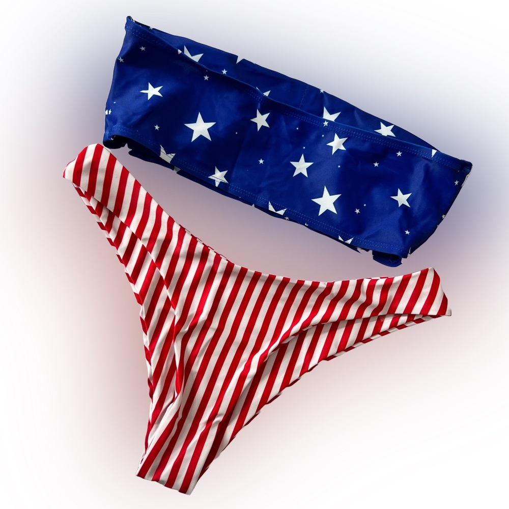 American Flag Stars Stripes Bandeau Cheeky Bikini Set - Picture 3 of 10